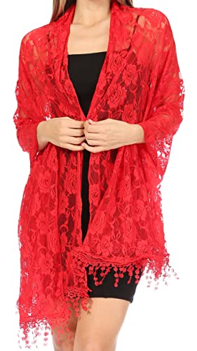 Sakkas Mari Women's Large Lightweight Soft Lace Scarf Wrap Shawl Floral and Fringe - color: Rosered