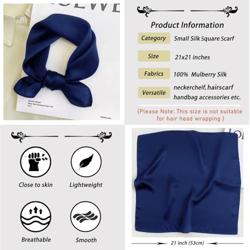 Ciormis 100% Mulberry Silk Scarf-Women's 21''/27''Square Silk Hair Head Scarf Neckerchief with Gift Packaged - color: 21''x 21''-style 19-navy