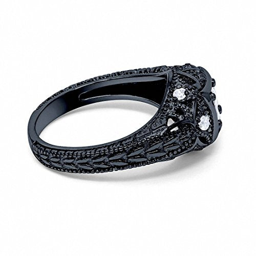 Blue Apple Co. Art Deco Ring Round Cubic Zirconia Leaf Filigree Design Split Shank Twisted Band Bridal Statement Wedding Engagement Rings For Women 925 Sterling Silver Gifts For Her - color: Black Tone, Simulated Cubic Zirconia