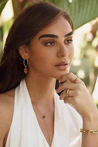 Gold Plated Huggie Hoop Earrings with Charms Fashion Pearl Drop Dangle Earrings for Women Handmade Karma Circle Jewelry for Ladies Lightweight Pearl Earrings on Christmas - color: Tiger Eye