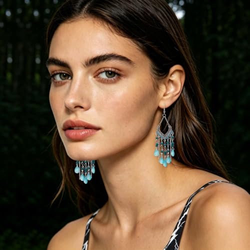 Boho Turquoise Drop Earrings Retro Long Copper Feather Tasse Metal Leaf Dangle Earrings Vintage Country Western Jewelry Cowgirl Ethnic Style Geometric Concert Festival Accessories for Women - color: Blue
