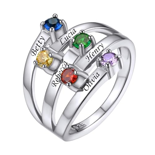 Custom4U Personalized 1-4 Birthstone Rings for Women Promise Rings for Her Sterling Silver Mothers Ring Customized Cubic Zirconia Stones Wedding/Valentine's Day/Mother's Day Jewelry Gift for Mom Wife - color: B-5 Names-Silver