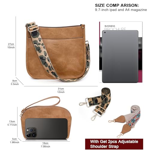 HKCLUF Crossbody Bag Purse for Women 2PCS/Set Leather Hobo Handbag Wallet Set With 2Adjustable Guitar Strap Shoulder Bag | Purse - color: A9-lightbrown
