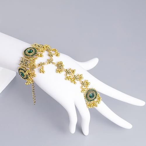 Boho Hand Chain Bracelet Ring For Women Trendy Finger Rings Retro Ethnic Style Dainty Adjustable Wrist Chain Cubic Zirconia Bracelet Wedding Jewelry Stocking Stuffers Engagement Gift - color: Green