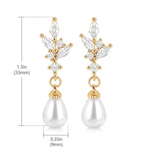 Pearl Earrings for Women, 14k Gold Plated Trendy Diamond Pearl Drop Earrings Hypoallergenic Dainty Bridal Gifts Wedding jewelry for Women - color: B - Gold