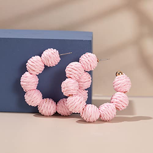 Raffia Hoop Earrings Statement Boho Beaded Earrings Cute Rattan Handmade Colorful Jewelry for Women Unique Summer Outfits - color: Pink