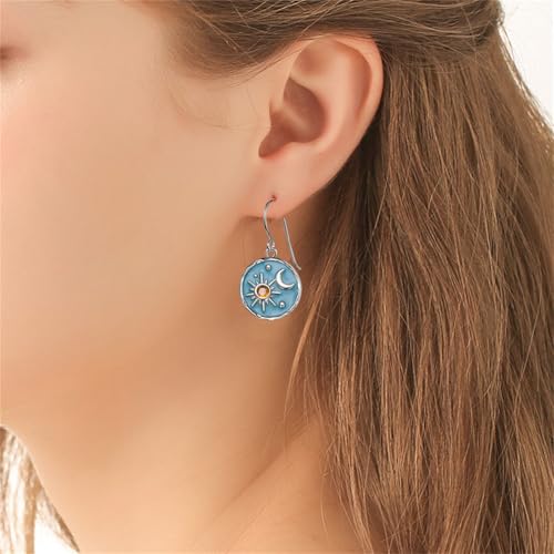 Dreuyet Vintage Sun Moon Earrings and Necklace Set for Women Boho Antiqued Crytal Sun Moon Dangle Drop Earrings Necklace Unique Handmade Retro Round Coin Celestial Jewelry Gifts - color: Silver Blue