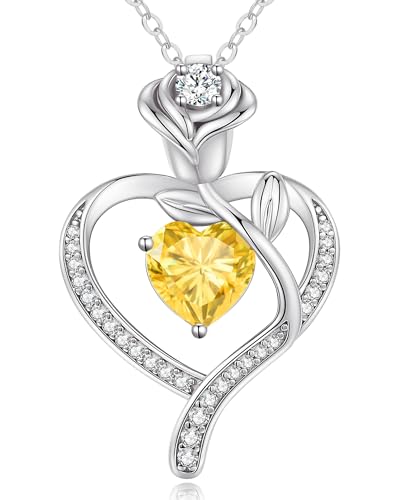 LOUISA SECRET Rose Flower Heart Birthstone Necklaces for Women, 925 Sterling Silver Jewelry, Pendant Heart Necklaces Birthday Anniversary Christmas Gift for Women Wife Mom Girlfriend Lady - color: White Gold-11-Nov
