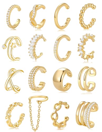 AKEOQI 16 Pcs Ear Cuff Earrings Non Piercing Cubic Zirconia Ear Cuffs for Women Silver Gold Plated Clip on Cartilage Helix Wrap Fake Earrings Jewelry - color: Gold