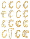 AKEOQI 16 Pcs Ear Cuff Earrings Non Piercing Cubic Zirconia Ear Cuffs for Women Silver Gold Plated Clip on Cartilage Helix Wrap Fake Earrings Jewelry - color: Gold