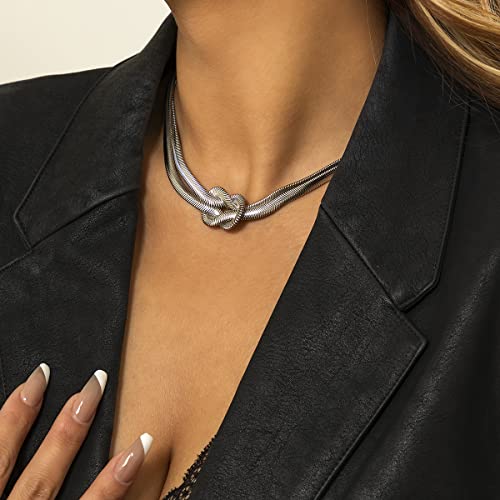 PLOUTOS Chunky Gold Knot Choker Necklace for Women Adjustable Double Snake Chain Design Bold Statement Fashion Jewelry Accessory For Party Daily Wear Gift - color: Silver