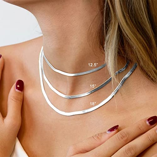 FOCALOOK 14K Gold Plated Necklaces for Women, Fashion Herringbone Choker Necklace Stainless Steel Flat Snake Chain 3/5MM(W) 12.5"/15"/18"+3.5"(L) - color: 3MM-Silver-18"