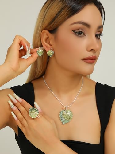 Vintage Chunky Statement Jewelry Set Retro Leaf Floral Geometric Bohemian Boho Bib Necklace Earring Set Fashion Costume Jewelry for Women Girls Wedding Party Prom Unique Gift - style: 2 leaves pearl JS Ring silver green