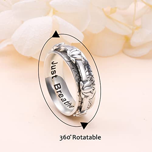 Ladytree Spinner Fidget Ring Sterling Silver Thumb Band for Women Anxiety Ring Platinum Plated Worry Stress Relief Just Breathe Boredom ADHD Autism Rings Boho Jewelry Gift - color: J-wide band oxidized lotus