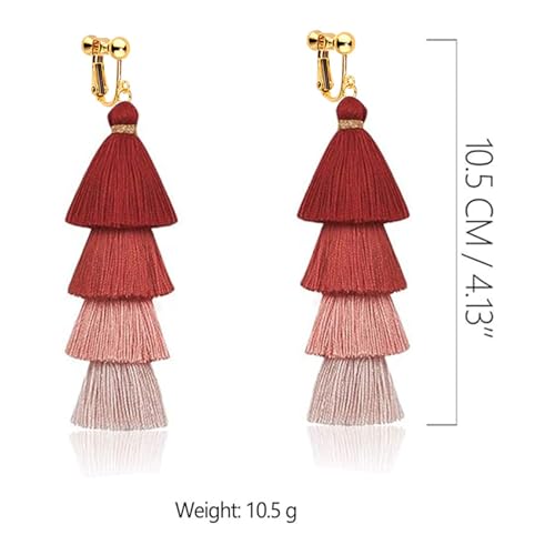 Clip on Earrings, Lightweight Colorful Layered Tassel Bohemian Statement Tiered Big Dangle Drop Earrings for Women, Non Pierced, Boho Jewelry - color: Dark Red
