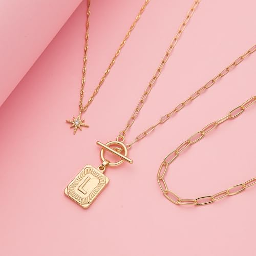 Paxuan Dainty Gold 3-Layer Personalized Initial Necklace for Women - 18K Gold Layered Letter Pendant Necklace Adjustble Paperclip Chain Choker Necklace Jewelry Gifts with Star Charm - style: Letter L