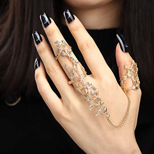 Yalice Charm Leaf Full Finger Ring Bracelets Dainty Knuckle Open Ring Harness Hand Chains Adjustable Statement Rings Jewelry for Women Gift - color: Gold