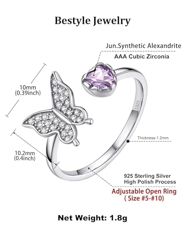 Bestyle 925 Sterling Silver Butterfly Ring Hypoallergnic Adjustable Birthstone Rings for Women Butterfly Jewelry Gifts for Anniversary Mothers' Day Birthday - color: 06.June (Alexandrite)-Ring Delicate