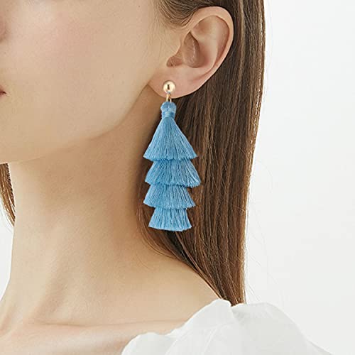 BaubleStar Tassel Earrings Handmade Tiered Thread Tassel Dangle Earrings, Multi Colors - color: Sky Blue
