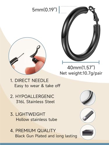 Stainless Steel Chunky Hoop Earrings For Women, Minimalist and Chic, Black/Gold Plated, Round Hoops Earrings Hypoallergenic, Size: 30mm/40mm/60mm/80mm, Come with Box - color: 1. Black, size: 40MM