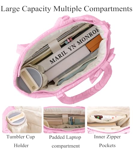 CTWWFS Puffer Tote Bag for Women, Quilted Bow Tote Bag with Cup Holder & 15.6 In Laptop Compartment for Work, Travel, Gym - color: Dark Pink