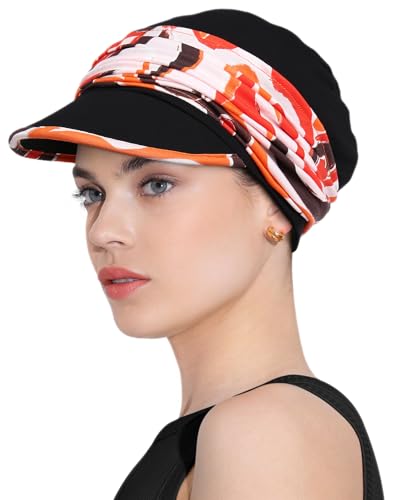 Chemo Headwear Viscose Newsboy Cap for Women Summer Hats - color: Black Orange