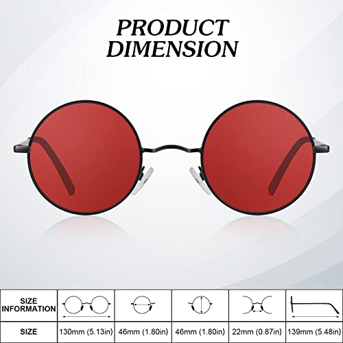 Round Polarized Sunglasses Men Women,Retro Metal Hippie Shades with 100% UV Protection - color: A02- Black Frame Red Lens