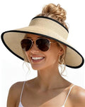 Womens Sun Visor Hats Wide Brim Straw Beach Hat UV Protection Ponytail Packable Beach Vacation Essentials - color: Beige With Black