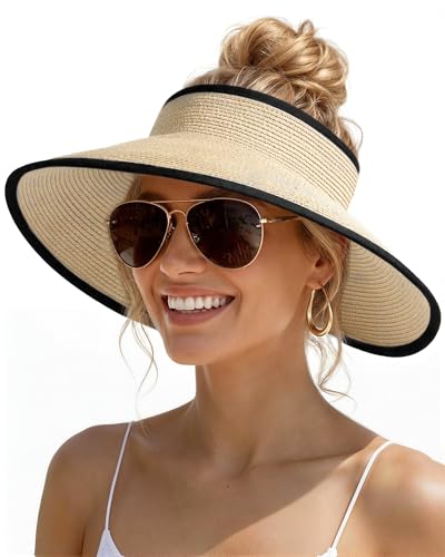 Womens Sun Visor Hats Wide Brim Straw Beach Hat UV Protection Ponytail Packable Beach Vacation Essentials - color: Beige With Black
