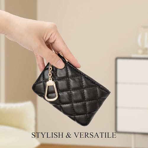 Quilted Leather Coin Purse with Keychain - Small Coin Pouch Key Pouch Small Card Holder Keychain Wallet Change Purse for Women and Men (Black) - color: Black