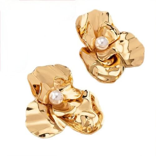 Chunky Large Gold Flower Stud Earring for Women Statement, Boho Big Red Irregular Floral Pearl Earrings Trendy Y2K Prom Party Jewelry Accessories Gift - color: Gold