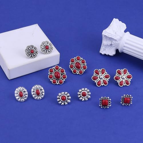 Western Earrings for Women Bohemian Turquoise Earring Set Vintage Turquoise Stud Earring for Women Flower Cowboy Earrings Western Country Concert Rodeo Outfits Jewelry Gift - color: Red