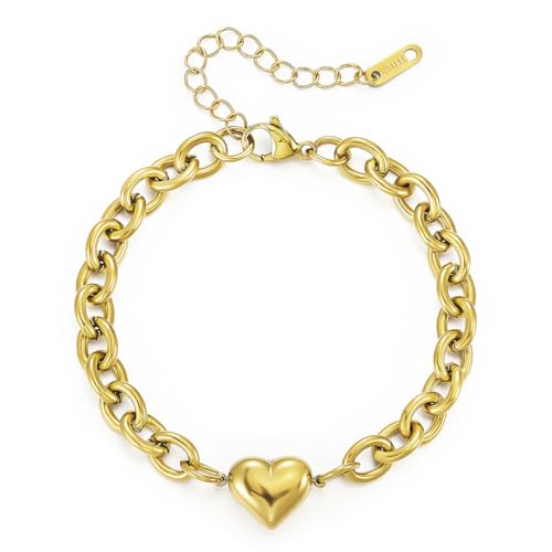 Emibele Heart Charm Bracelet for Women, Bible Verse Bracelet Stainless Steel 18K Gold Plated Bracelet Love Pendant Link Chain OT Clasp, Birthday Christmas Jewelry Gift for Mother Her - color: Gold Heart