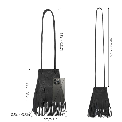 Women Leather Fringe Messenger Bag Mini Hobo Crossbody Tassel Shoulder Bags - color: Solid-black