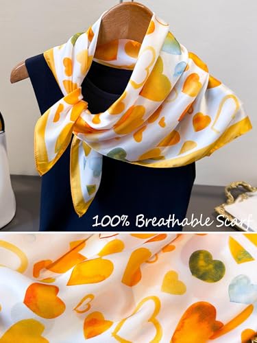 Silky Scarf for Women Lightweight Satin Bandanas Neck Hair Wrap For Sleeping Head Scarves 27.5" - color: A26 Yellow Heart/27.5"