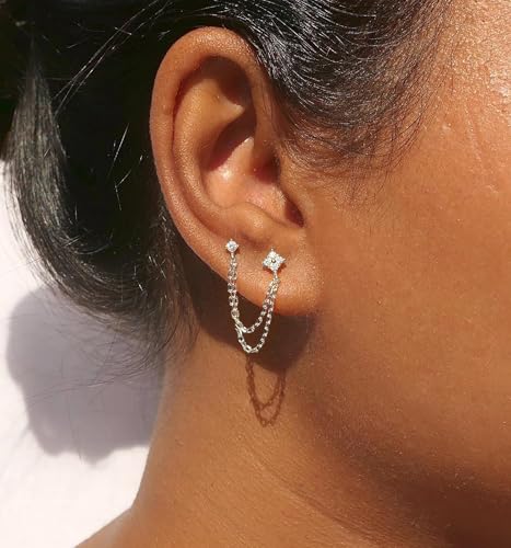 Freekiss Gold Chain Studs Earrings for Women Trendy: Hypoallergenic 14K Gold Plated Dangle Earrings Dainty Small Long Chain Earring Set Fashion Gold Jewelry for Women - style: 4cz chain earrings-SL