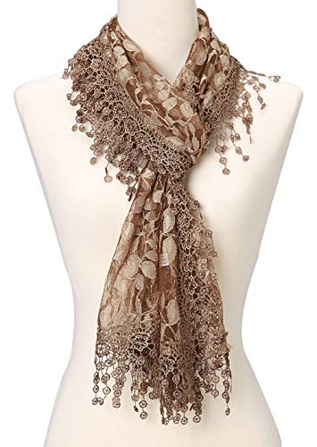 Cindy & Wendy Lightweight Soft Leaf Lace Fringe Scarf Bridal Shawl for Women - color: Brown