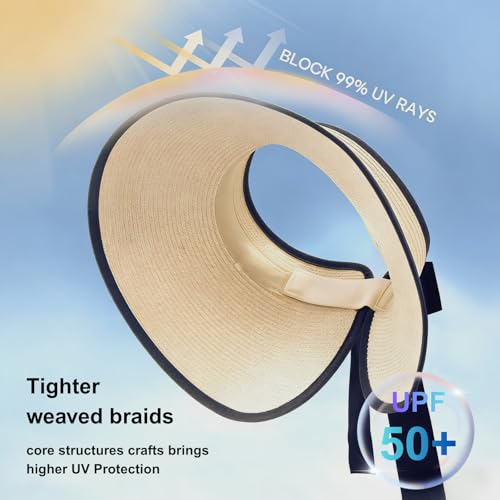 Women's Sun Visor Hats Wide Brim Beach Hat Straw Ponytail Visor Packable Foldable UPF 50+ Floppy Travel Hats - color: Beige01