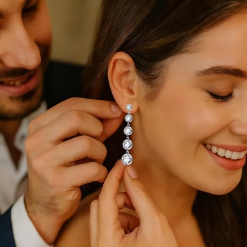 Women's Long Sparkly Dangle Earrings Hypoallergenic Stainless Steel 14K Gold Plated Lightweight CZ Statement Studs - color: Silver