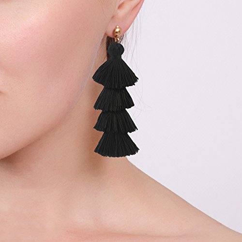 BaubleStar Tassel Earrings Handmade Tiered Thread Tassel Dangle Earrings, Multi Colors - color: Black