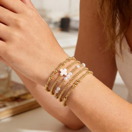 Dainty Gold Plated Pearl Crystal Beaded Bracelets Set for Women 14K Gold Plated Bead Pearl Beads Bracelet Stackable Paperclip Link Chain Bracelets Gold Plated Bracelets for Women Trendy Jewelry - color: Style4-gold bracelets set1