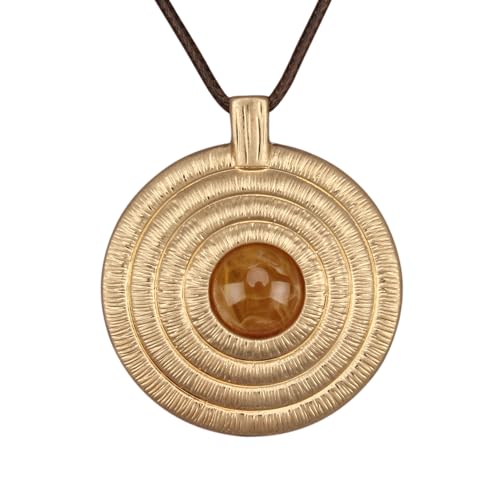Kelake Leather Necklace for Women Men Teen Vinatge Boho Alloy Pendant Choker Jewelry Fashion Sweater Necklaces with Adjustable Genuine Leather Chain - color: Brown Jade Gold Concentric Circle Pendant