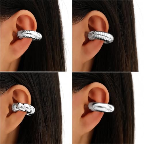 KISS WIFE 4 Pcs Chunky Ear Cuffs Non Piercing for Women, 14K Gold Plated Clip On Cartilage Hoop Earrings Jewelry Gifts - color: Silver