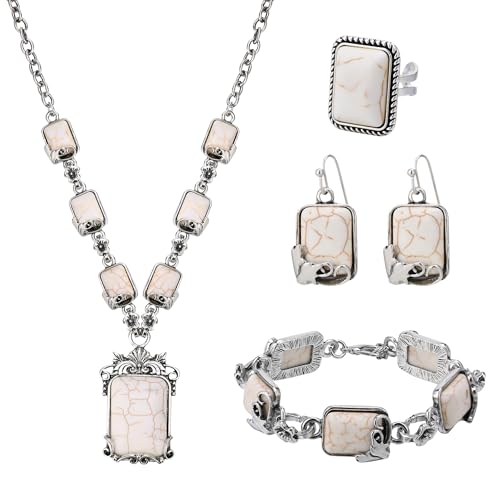 4 PCS Western Turquoise Jewelry for Women Boho Vintage Navajo Pearl Necklace Earring Bracelet Ring Set Country Cowgirl Accessories for Gift - color: H-White