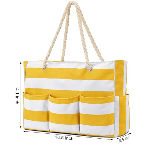 Becokan Beach Bags for Women Canvas Large Beach Tote Bag Zipper Waterproof Sandproof Foldable Swim Pool Bag with 7 Pockets - color: Yellow