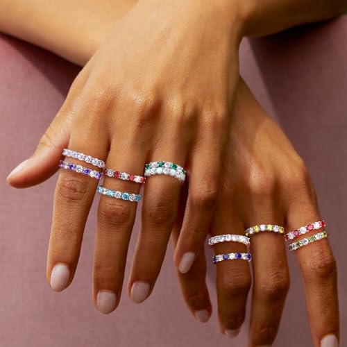 3.5mm Stackable Rings S925 Sterling Silver Created Birthstone & Cubic Zirconia Ring for Women Wedding Bands Anniversary Birthday Jewelry Size 6 to 10(with Box) - color: 07-Created Ruby & CZ-Jul