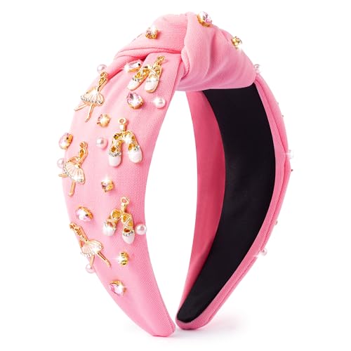PANTIDE Ballerina Jeweled Knotted Headband - Dancing Girl Ballet Shoes Rhinestone Crystal Pearl Embellished Headband Wide Top Knot Hair Accessories Outfits Birthday Gift for Dancer Women Girl (Pink) - color: Pink Ballet