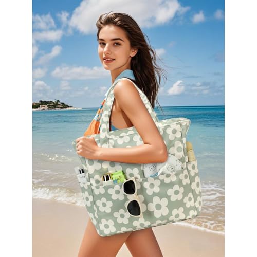 Bluboon Waterproof Beach Tote Pool Bags for Women Ladies Extra Large Carry On Bag With Wet Compartment for Weekender Travel - color: Flower 157 Green Gray