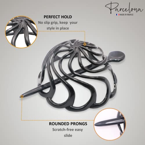 Parcelona French Swirls Large 3.5" Cellulose Acetate Bun Cover with Stick Ponytail Chignon Durable Fashion Women Hair Accessories Non Slip Hair Clip for Girls, Made in France(Black)