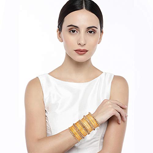 Aheli Ethnic Colorful Metal Bangles Chudha Set Stone Studded Bangle Set Indian Wedding Wear Fashion Jewelry Gift for Women Blue - color: Yellow